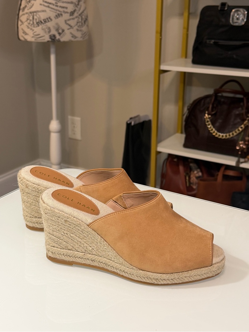 Cole Haan Cloudfeel Southcrest Espadrille Wedge Mule in tan suede sz7